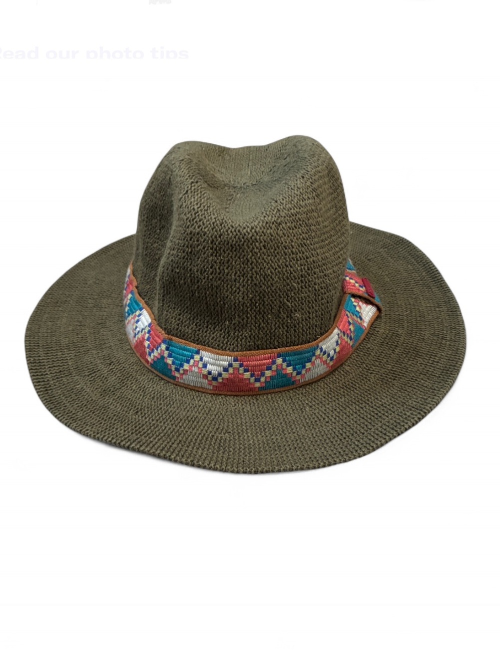 Prana Cybil Green Knit Fedora with Multicolor Aztec Band
